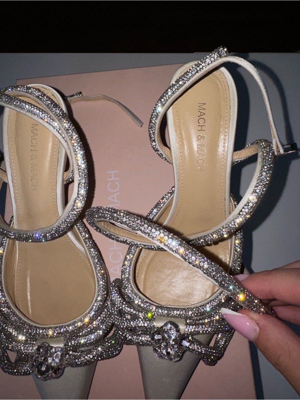 MACH & MACH Silver Crystal-Embellished Pointed Toe Strappy Heels